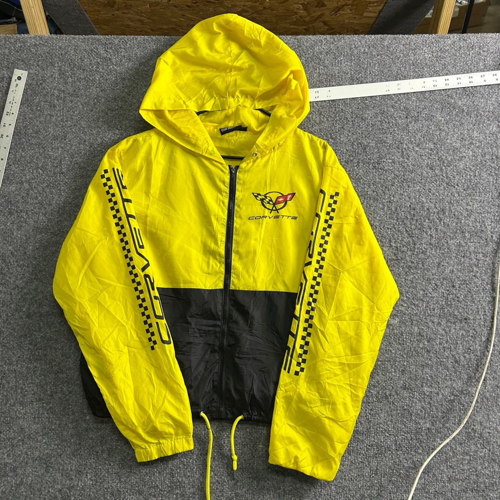 Chemistry Windbreaker Mens Size L Yellow Corvette Racing Hooded Full Zip Jacket